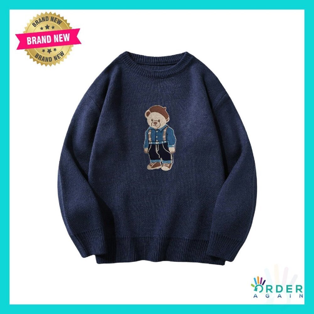Oversized Crew Neck Bear Graphic Sweater Vintage Preppy Unisex Pullover